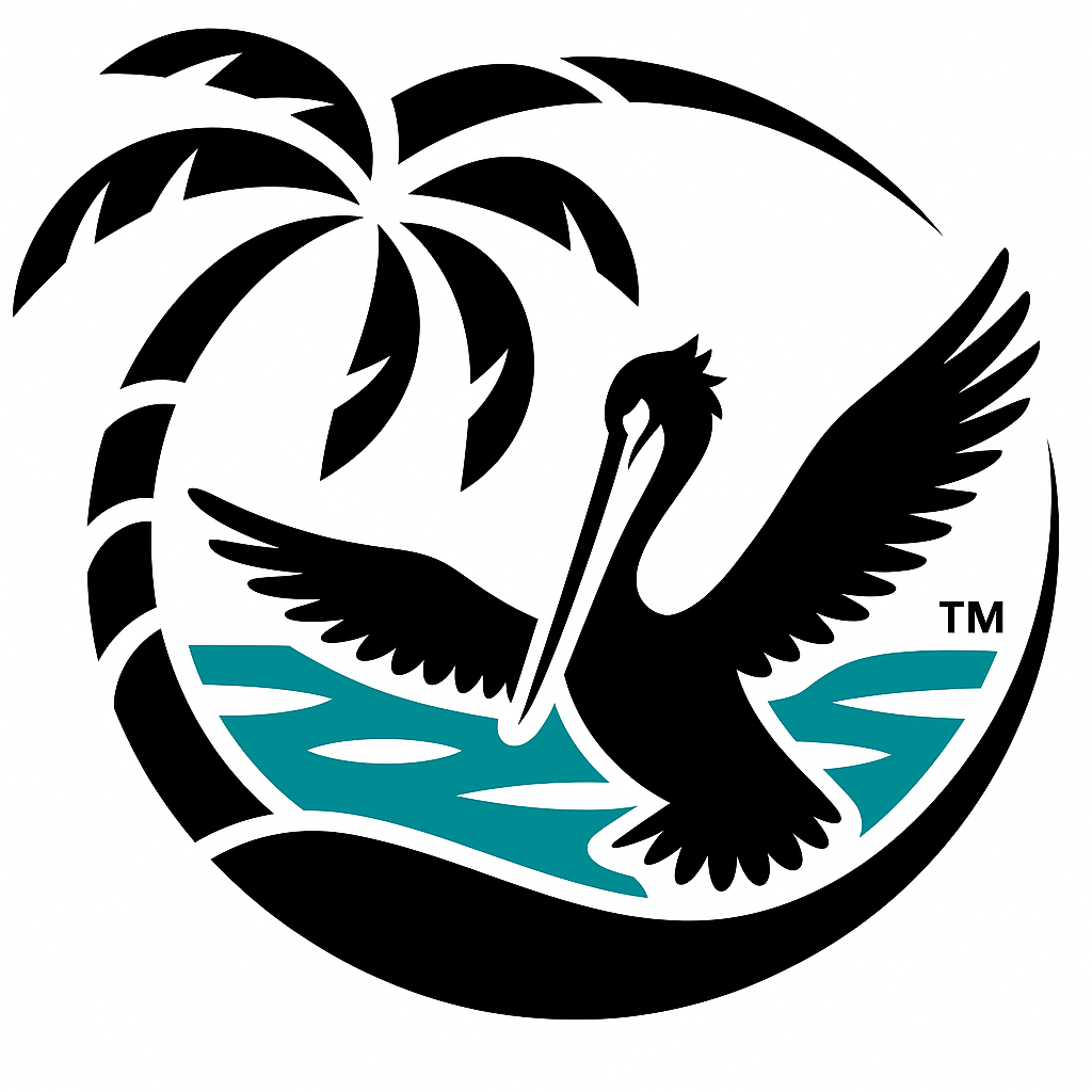 Premier Oasis Rentals LLC logo - round design, including palm tree, pelican, and water
